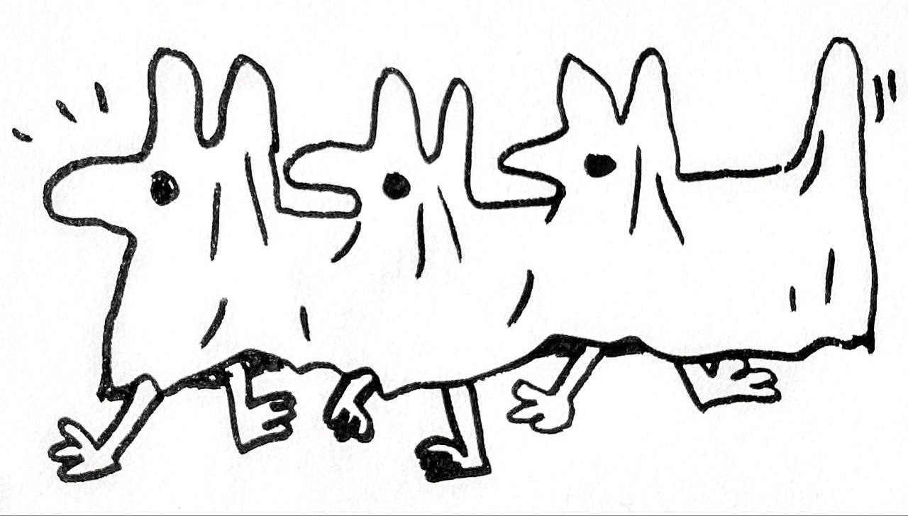 A group of little guys under a sheet, like a gag from a movie where a bunch of kids get on each others' shoulders to form into an adult or something.